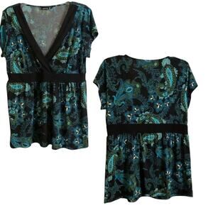 Apt 9 Tunic Shirt SZ L Teal Black Paisley Stretch Knit Empire Waist